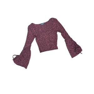 Fashion Nava Womens Flare‎ Tie Sleeve Cropped Sweater Red Black Marled Knit XS